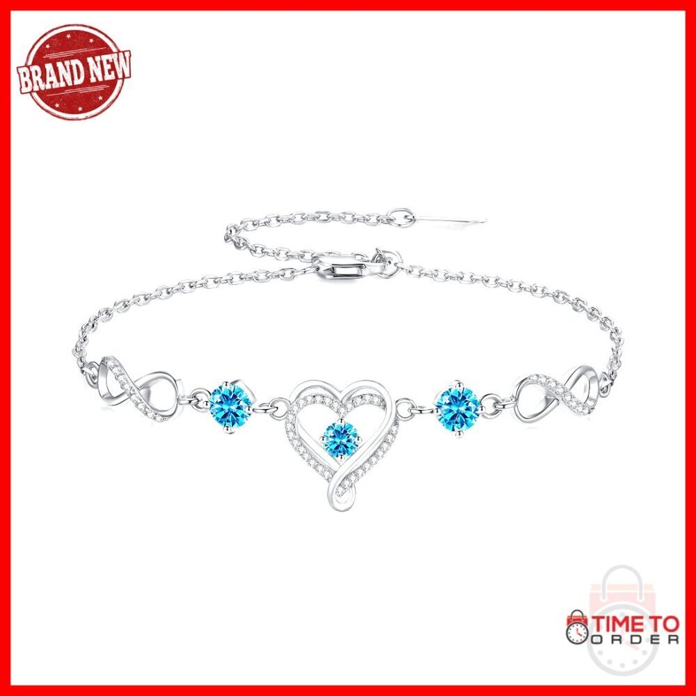 Sterling Silver Infinity Heart Charm Bracelet with Birthstone Gift